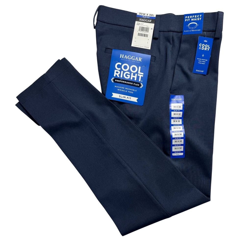 Haggar Cool Right Performance Flex Slim Fit Pants 30x32 Ink Blue